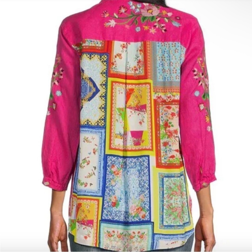John Mark Linen Embroidered Patchwork Print Butto… - image 3